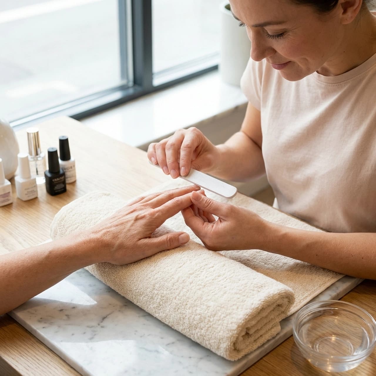 Luxury gel manicure process with elegant hands